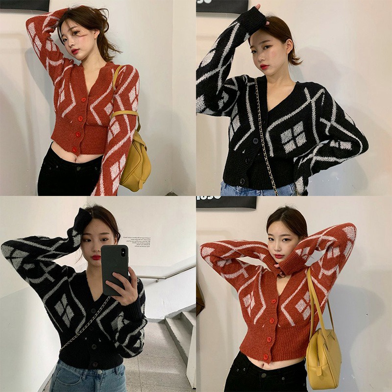 Áo Cardigan Dệt Kim Tay Dài Cổ Chữ V Ôm Eo Đính Đá Kiểu Retro Hàn Quốc Thời Trang Cho Nữ