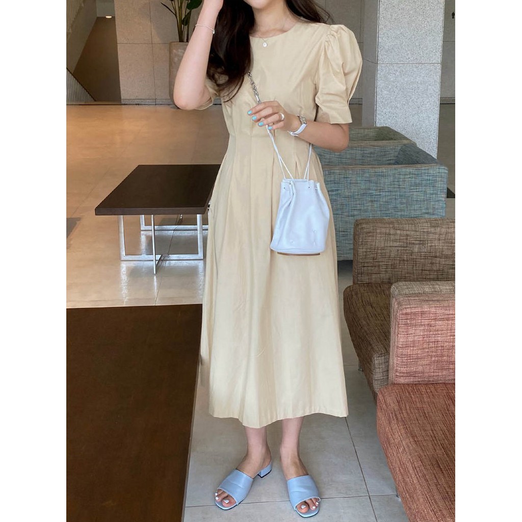 Đầm tay phồng cổ tròn màu trơn xinh xắn cho nữ 42997