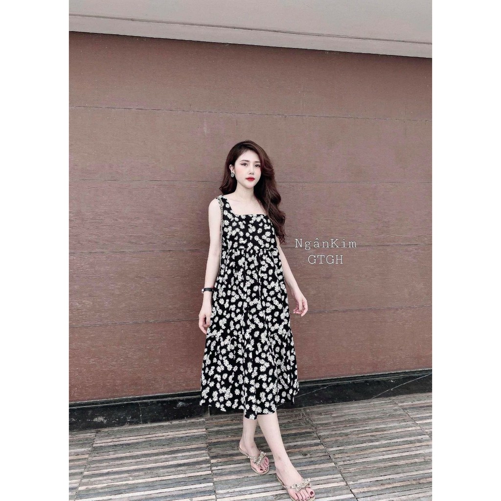 đầm 2 dây cúc họa mi vintage dáng xòe điệu đà - HOT HOT HOT