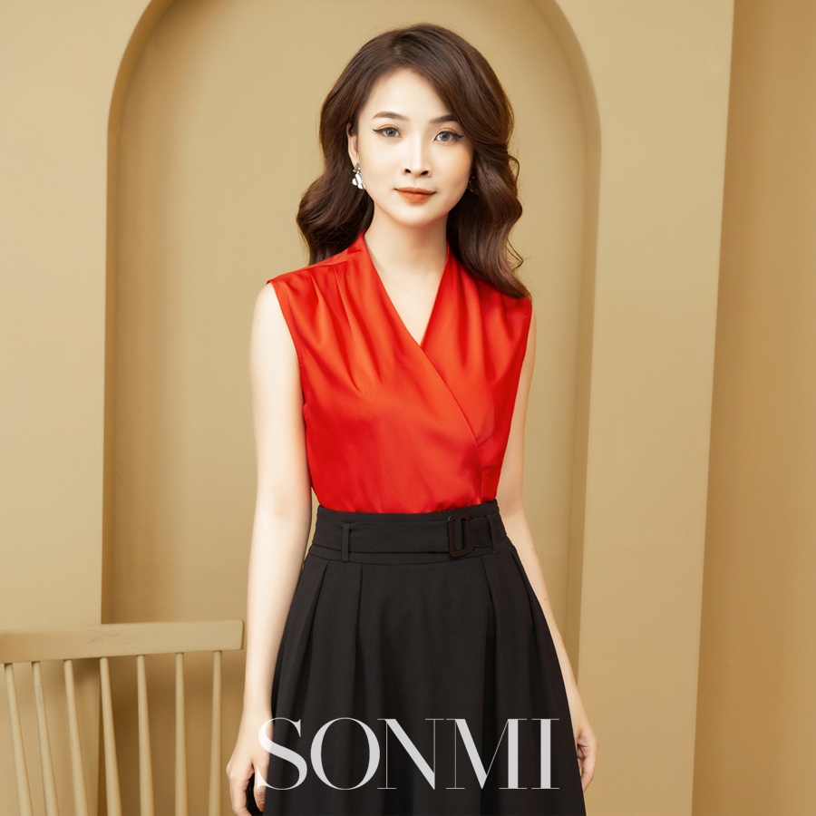 Áo Sơ Mi Nữ SONMI Hàn Quốc Cổ V Sát Nách PENNY SIENNA Lụa Ngọc Trai