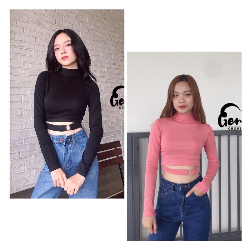 ÁO CROPTOP CỔ LỌ KHOEN TRÒN TAY DÀI [GEMI SHOP]