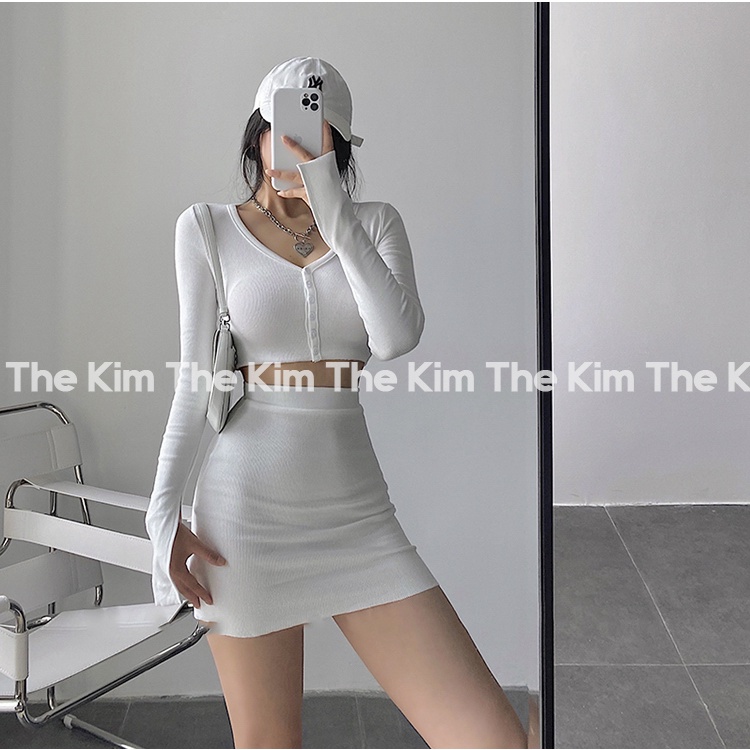 Bộ 2 món áo len tăm dài tay croptop cúc ngực - chân váy ngắn cạp cao , set len tăm ôm body sexy The Kim SV127 | BigBuy360 - bigbuy360.vn