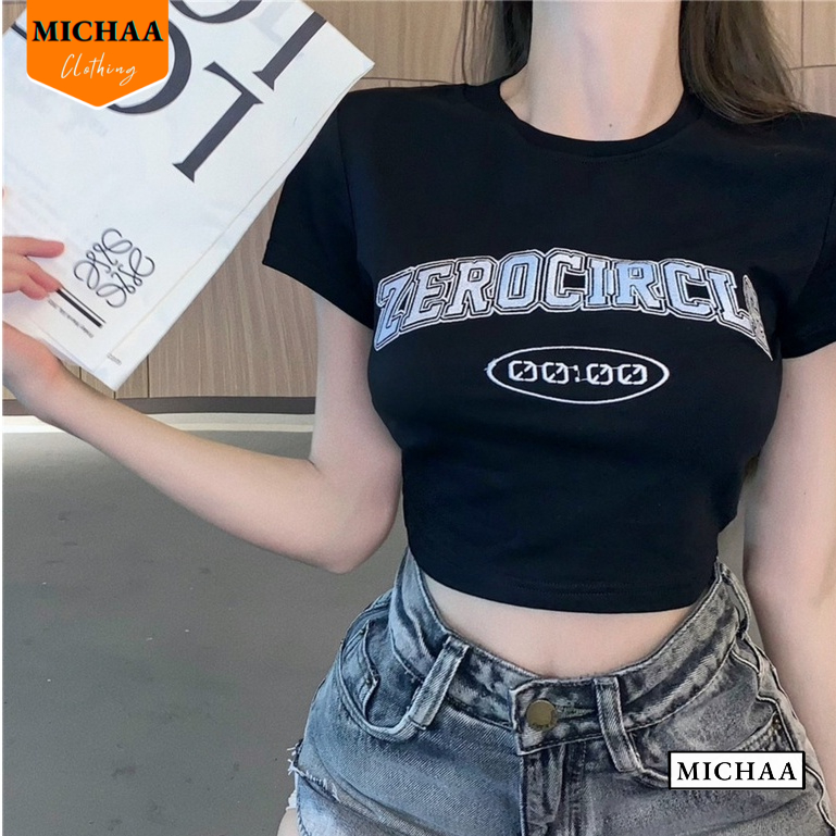 Áo Croptop Ôm Body Nữ ZERO CIRCLE Cổ Tròn Tay Ngắn, Áo Thun Croptop Kiểu In Họa Tiết - MICHAA CR87