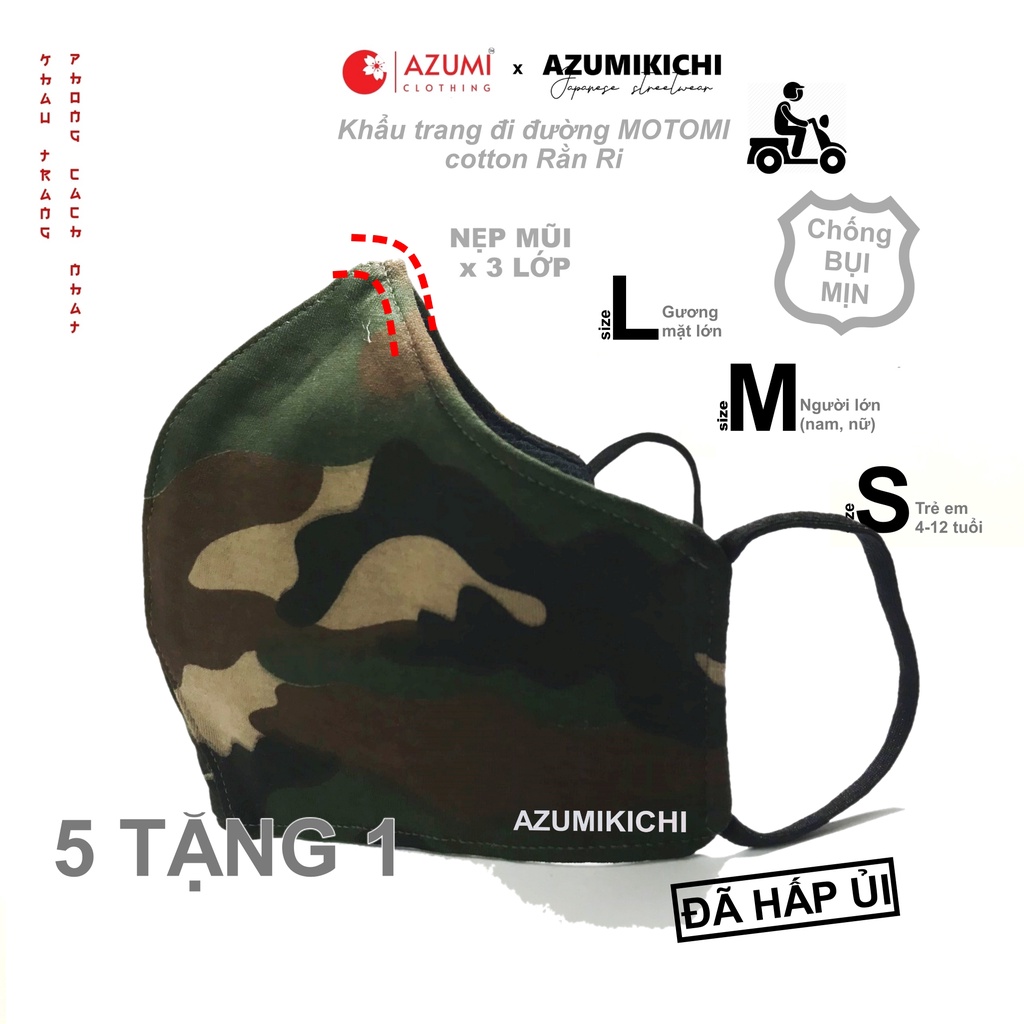 Combo 5 tặng 1 khẩu trang Motomi 3D dùng đi đường màu đen, khau trang vải chống bụi mịn 3 lớp có nẹp mũi Azumikichi B1