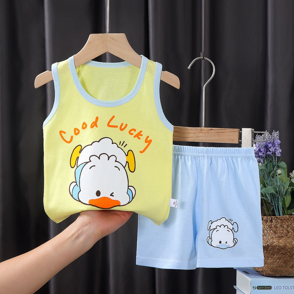 Set áo sát nách + quần short vải cotton thoáng khí phong cách Hàn Quốc cho bé