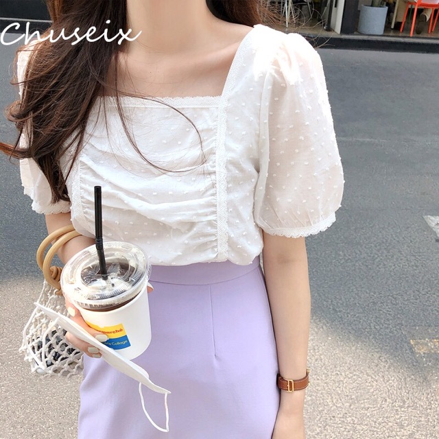 Sơ mi kiểu hàn quốc cổ vuông ngắn tay mix chân váy phù hợp đơn giản