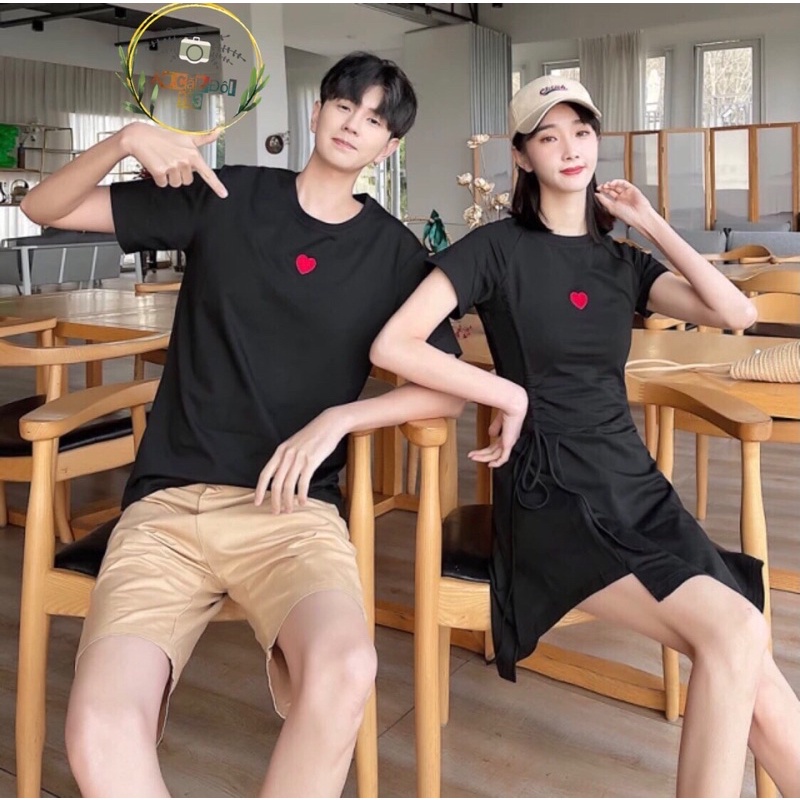 ✖►✤Áo đôi: Đầm thun rút dây cách điệu một bên eo + Ao nam cổ tròn