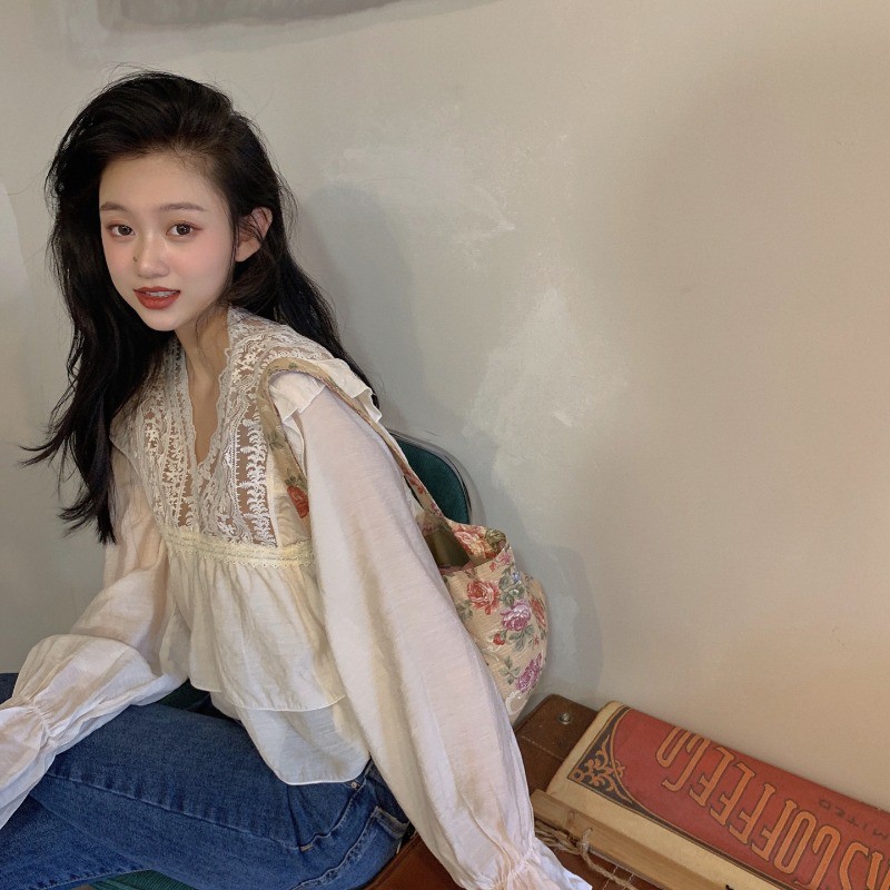 (HÀNG SẴN) Áo sơ mi nữ cổ V phối ren hoa văn xòe babydoll 2 tầng điệu đà tiểu thư vintage Hàn Quốc