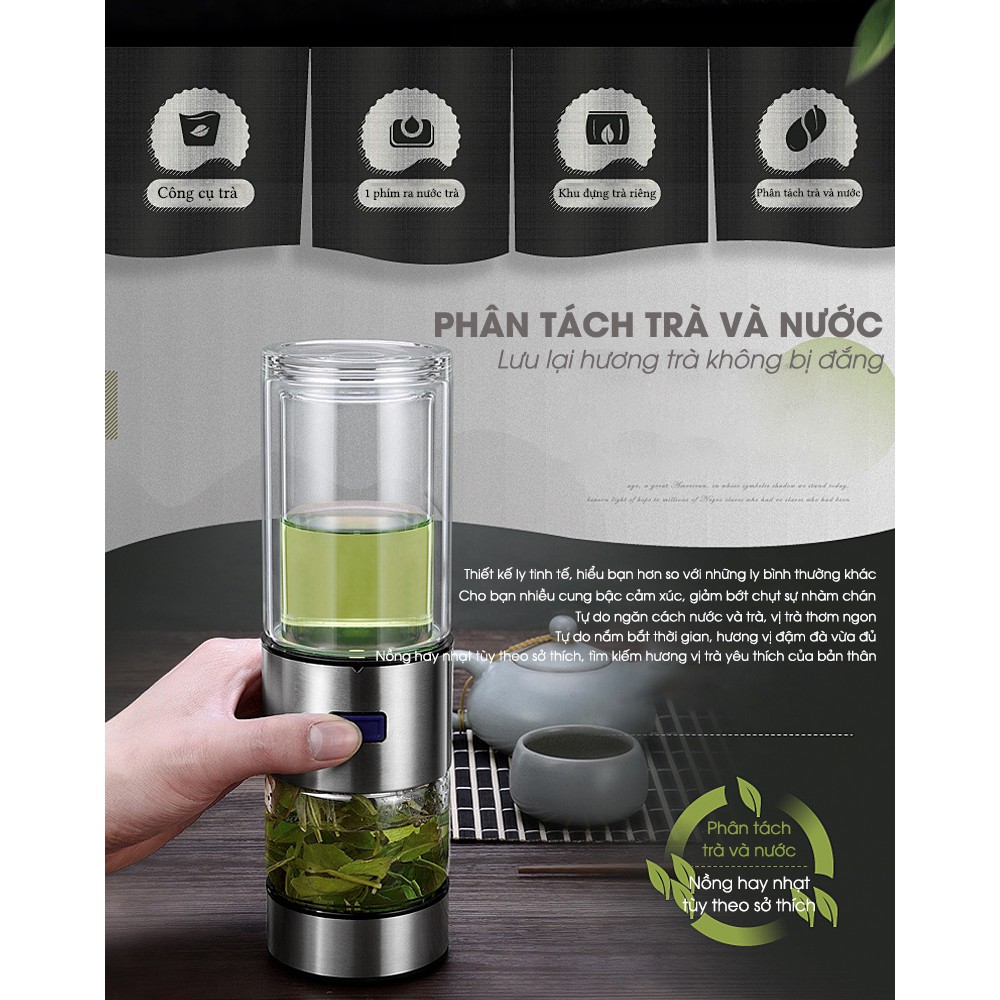 Binh pha trà 2 lớp cách nhiệt đáy thuỷ tinh 400ml tiện lợi - bình đựng trà 2 ngăn phân tách trà và nước