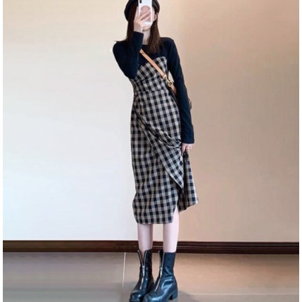Đầm thu đông nữ thiết kế vạt chéo caro chát đẹp, form dài 2022