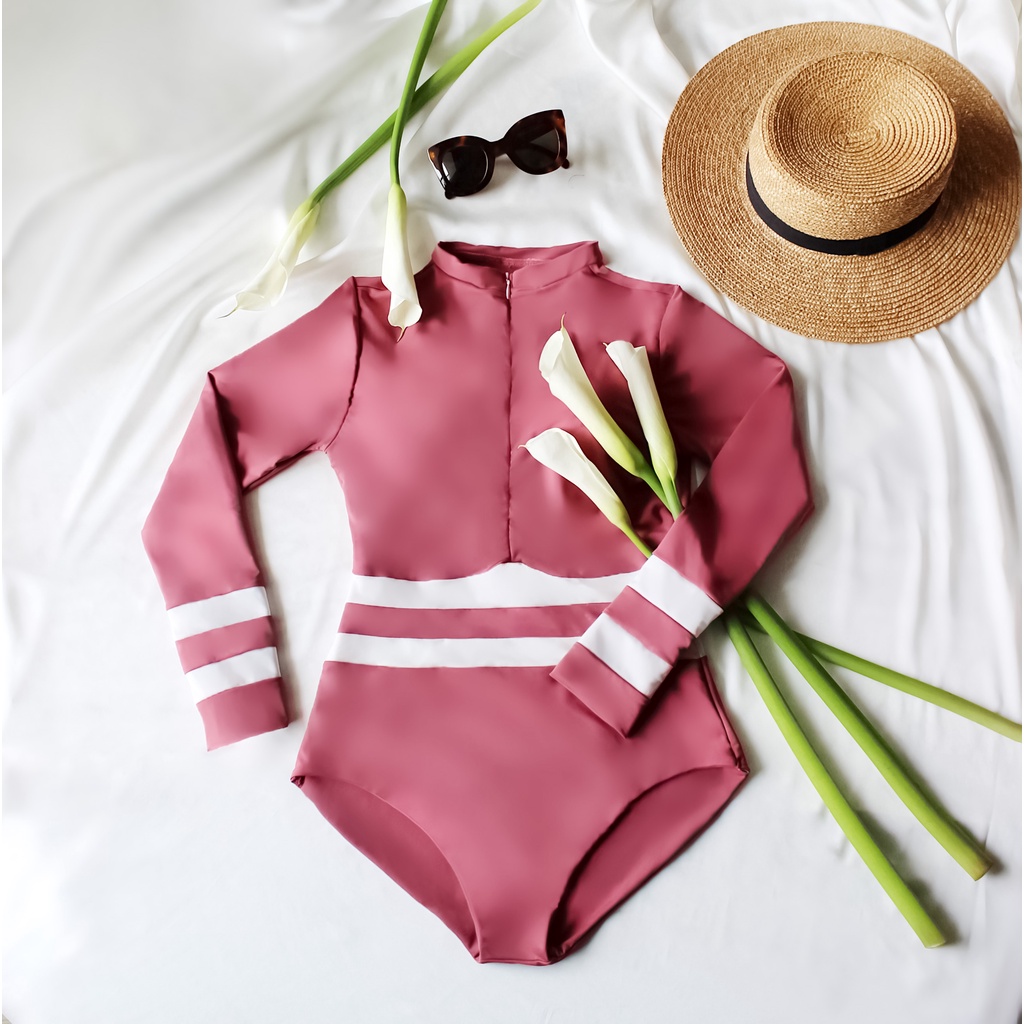 Bikini liền mảnh thiết kế LILAS BLANC - Sydney Swimsuit, Bộ bơi nữ dài tay cổ khoá phối viền eo cá tính