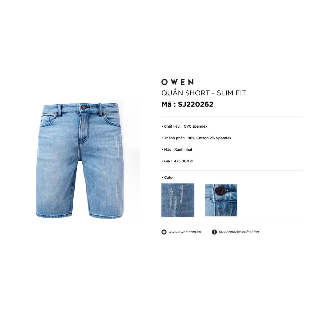 Quần short jean nam hàng hiệu OWEN SJ220262 sóc đùi ngố bò màu xanh nhạt dáng slim fit ôm vừa vải denim cao cấp mềm mát