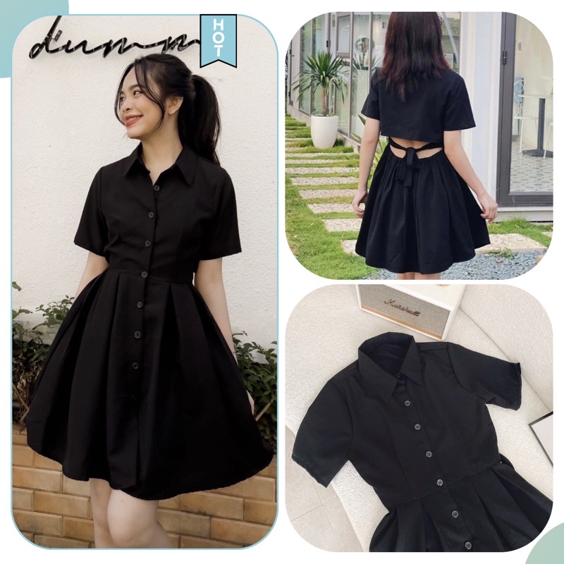 Đầm Cổ Sơmi Tay Ngắn Hở Lưng Dây Thắt Eo Dáng Xoè Phong Cách Basic Hàn Quốc - Diva Dress (Phiên Bản Không Logo)