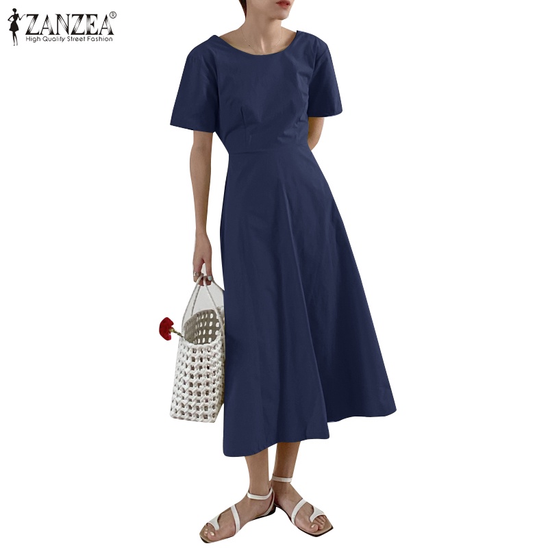 Đầm Zanzea dài tay cổ tròn hở lưng cột dây eo thời trang Hàn Quốc cho nữ