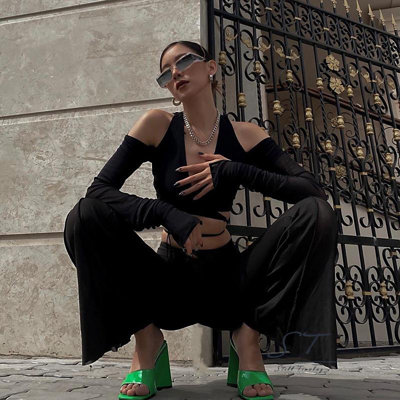 Áo Croptop Tay Dài Cổ Chữ V Màu Sắc Đơn Giản Cho Nữ