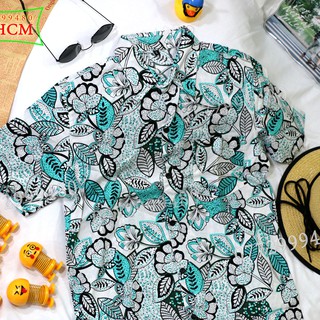 Áo Hawai, áo trái cây đi biển mẫu lá xanh ngọc size L, vải kate cotton