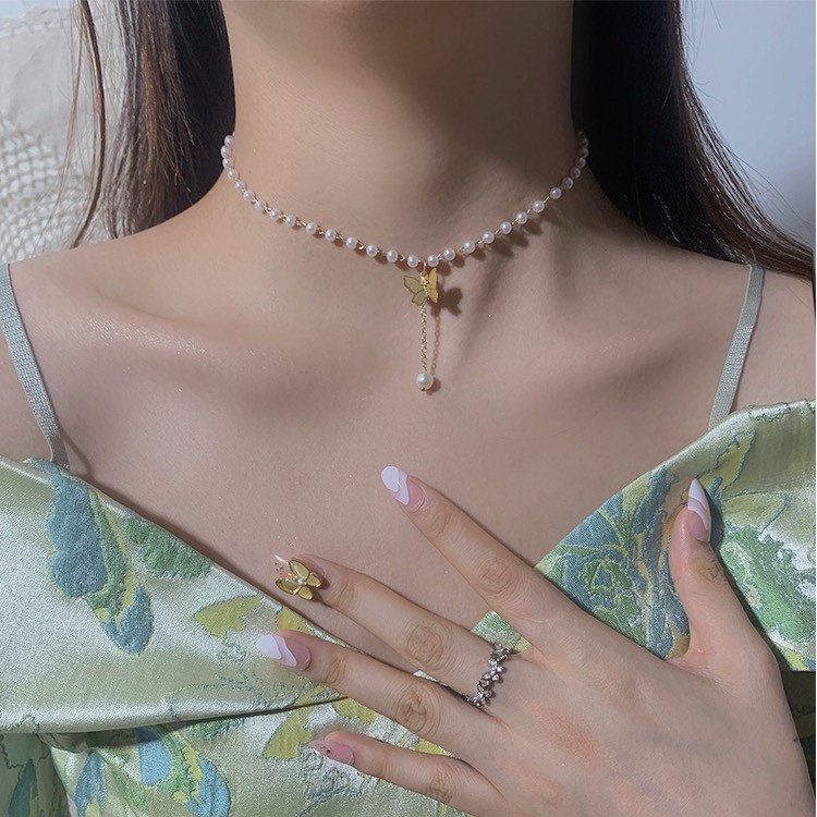 Vòng cổ Mặt Hình Bướm Đính Ngọc Trai Và Ngọc Trai Phong Cách Pháp