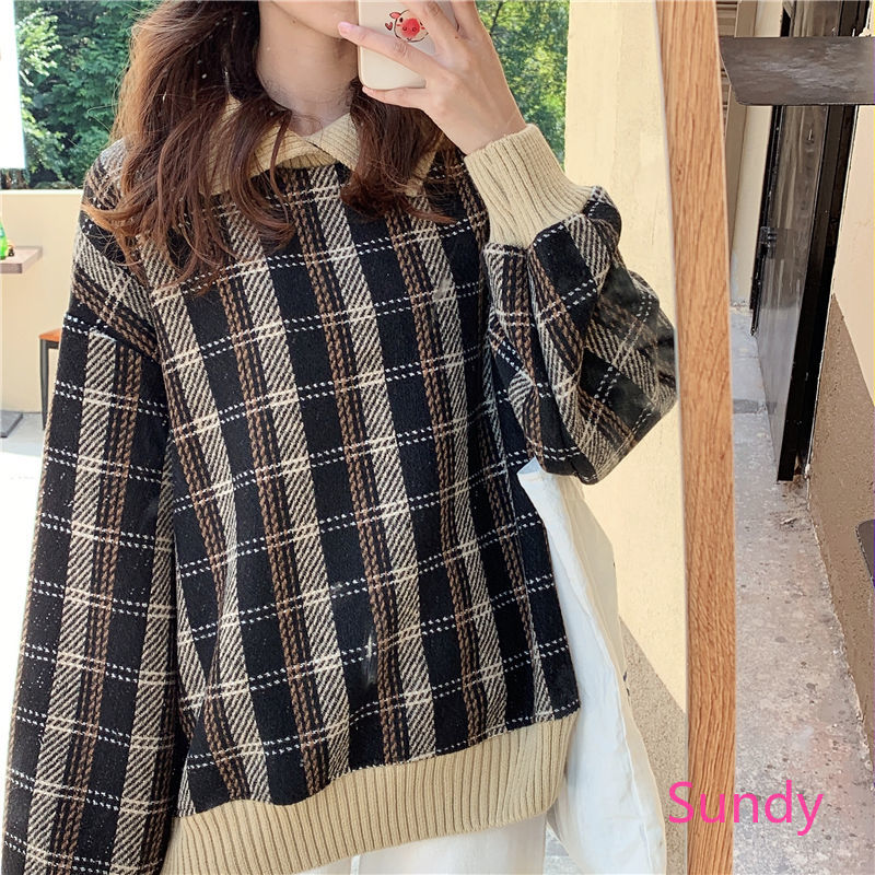 Áo Sweater Nhung Dày Dáng Rộng Cổ Polo Kẻ Sọc Xinh Xắn Dành Cho Nữ