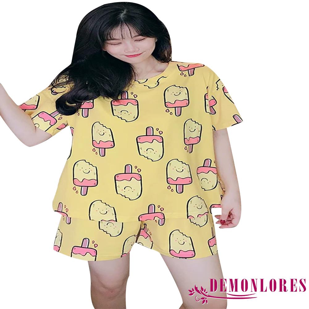 Set đồ ngủ 2 món áo tay ngắn và quần short dáng rộng họa tiết in hình cây kem hoạt hình dễ thương
