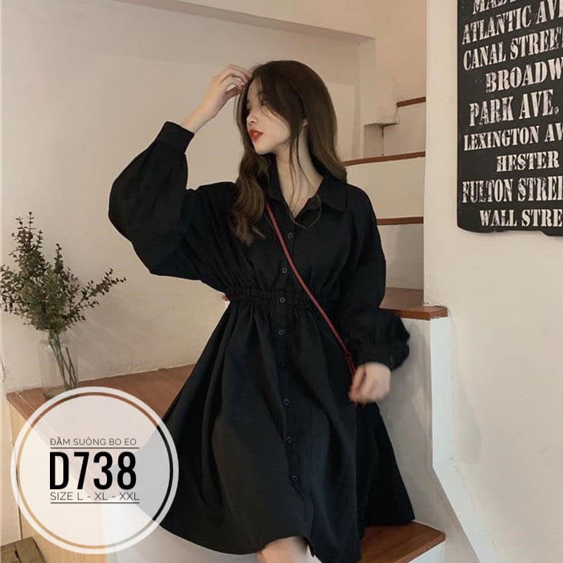 (CÓ ẢNH THÂT) BIGSIZE Đầm suông bo eo tay dài mã D738 Chất liệu: vải cotton thái Màu sắc: đen