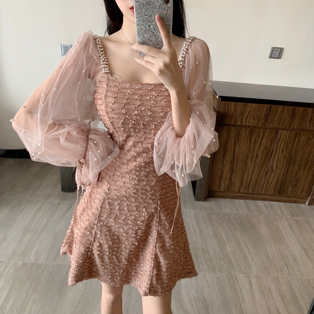 Đầm nữ dáng xòe kiểu a tay lưới Emilyshop