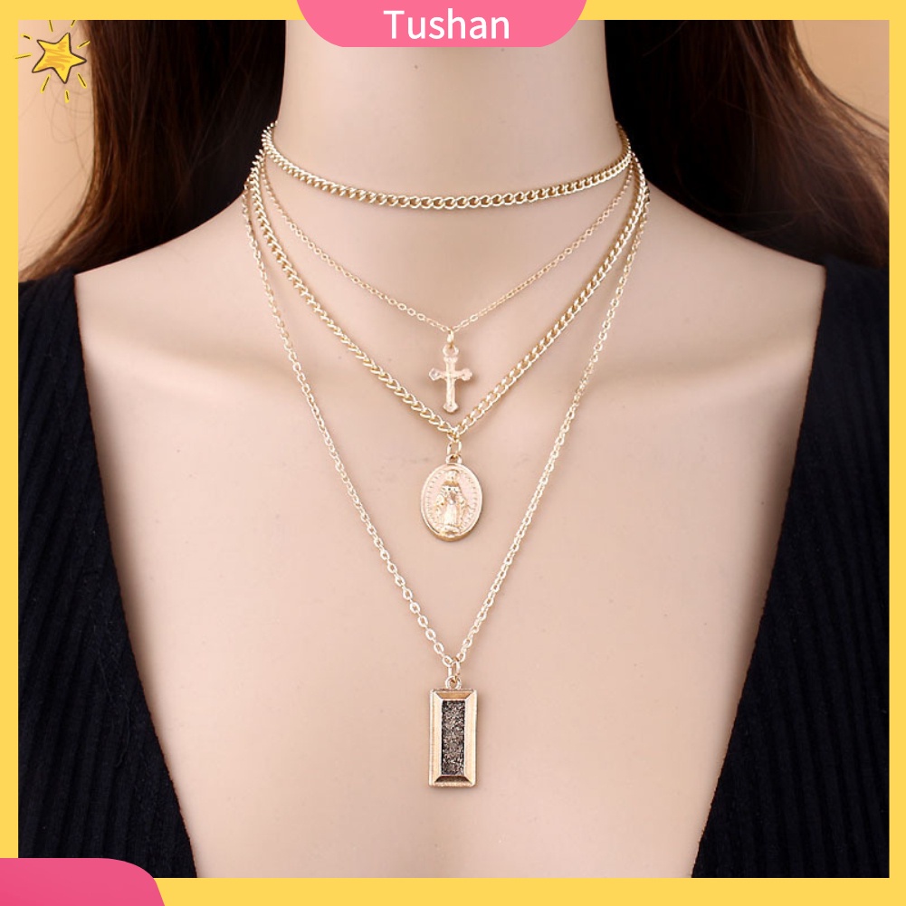 Vòng cổ choker mặt chữ thập nhiều lớp phong cách retro