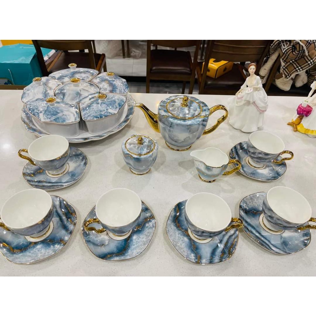 Bộ bình trà, cà phê sứ xương màu xanh vân đá kèm bình đường rót sữa viền vàng cao cấp