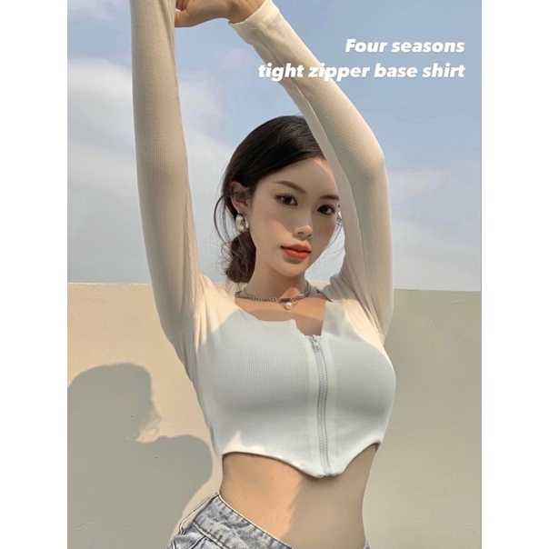 Áo thun dáng ôm tay dài phối khóa kéo phong cách mùa thu