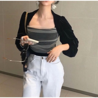 [order] Áo croptop dài tay cổ vuông chất nhung phối sheer