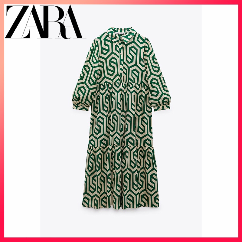 Zara Đầm Dáng Dài In Họa Tiết Hình Học Phong Cách retro Cho Nữ