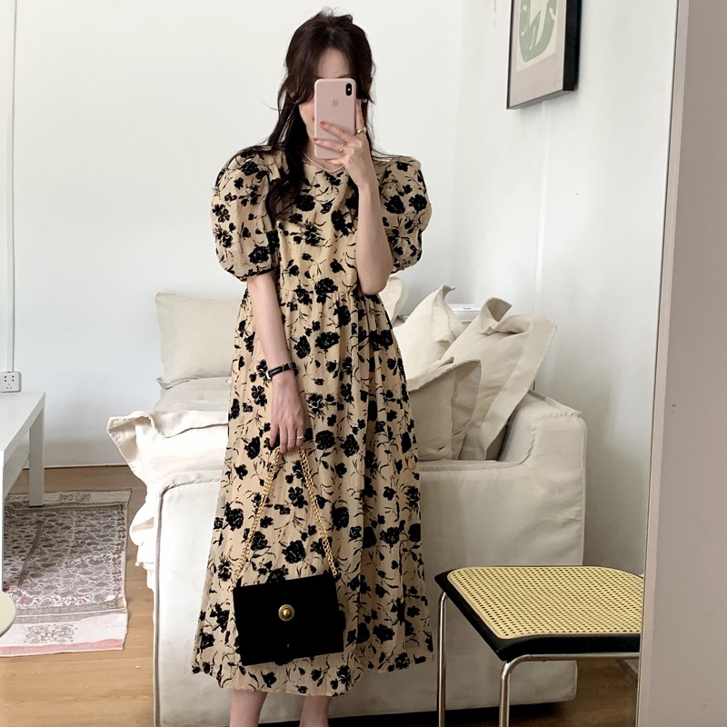 Đầm PERTY cổ tròn tay ngắn phồng họa tiết hoa thời trang mùa hè xinh xắn dành cho nữ