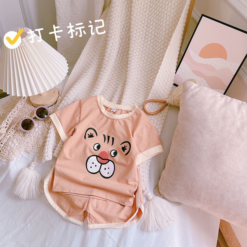 Bộ Quần Áo Trẻ Em Cộc Tay In Hình Mặt TigEr Yêu Vải Cotton Cho Bé Từ 7-19kg Mã CT56