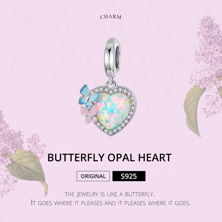 Hạt trang sức Bamoer SCC2101 bạc 925 hình trái tim bướm đính đá opal thời trang tự làm vòng tay