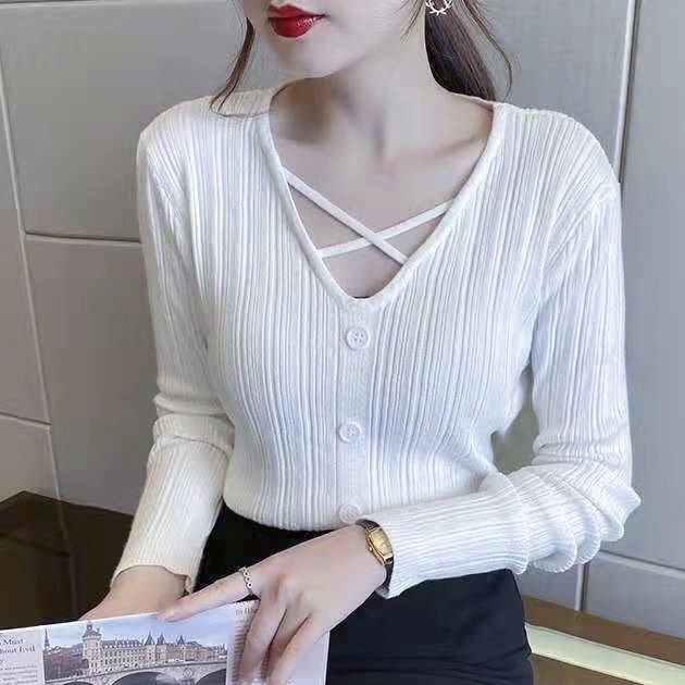 Áo len nữ dài tay 2 màu Be Trắng cổ V phong cách Hàn Quốc CW 364 (Ảnh cận chất) | BigBuy360 - bigbuy360.vn