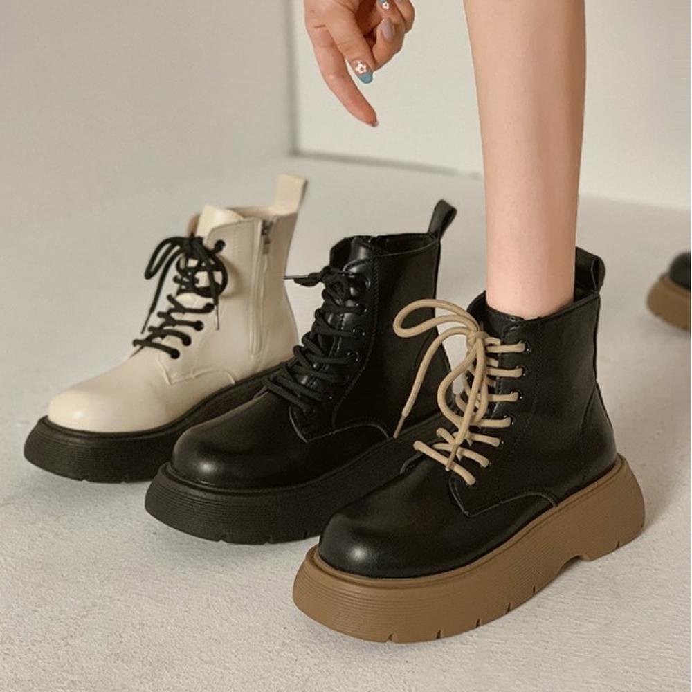 Bốt da nữ, boot nữ đế độn cổ lửng phong cách Hàn Quốc chất liệu da PU cao cấp đế cao su độn 5cm  BOT02