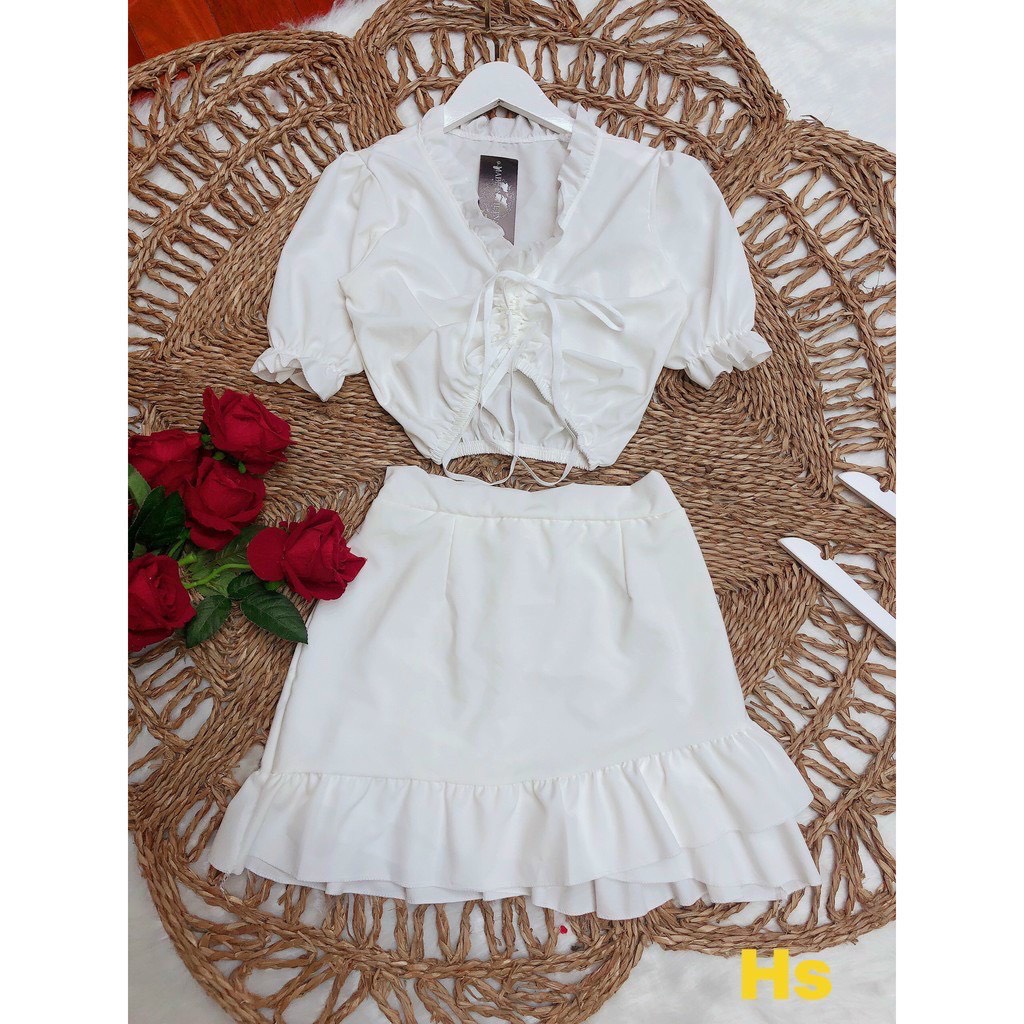 Sét váy nữ thời trang mặc đi chơi, Sét váy lụa 2 lớp áo tay ngắn cổ V rút ngực mix chân váy chữ A kèm băng đô dễ thương