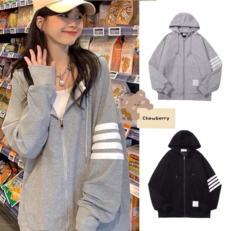 Áo Khoác Hoodie Khoá Kéo Mũ Sọc Tay Xám Trắng Bo Tăm Form Rộng