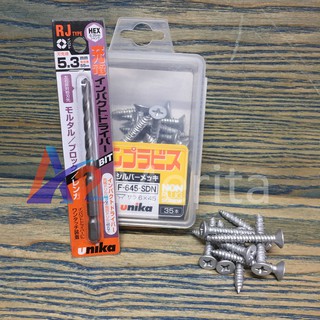 Combo Vít bê tông 6mm đầu bằng F645 & Mũi khoan tường 5.3mm đuôi lục giác Unika (không cần tắc kê nhựa)