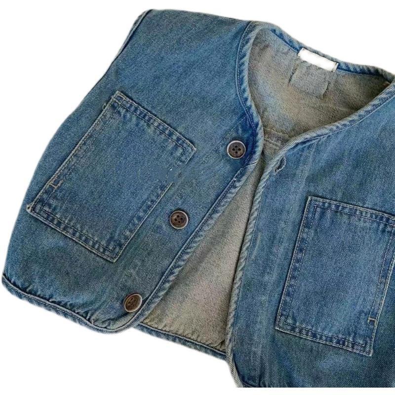 Áo Khoác Denim Sát Nách Phong Cách Phương Tây Thời Trang Xuân Thu Cho Bé Trai Và Bé Gái Dễ Phối Đồ * o len gile tr > em