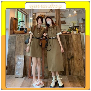 Váy sơ mi kaki nâu tay phối kèm đai thắt, váy sơ mi thô mềm – queenshop