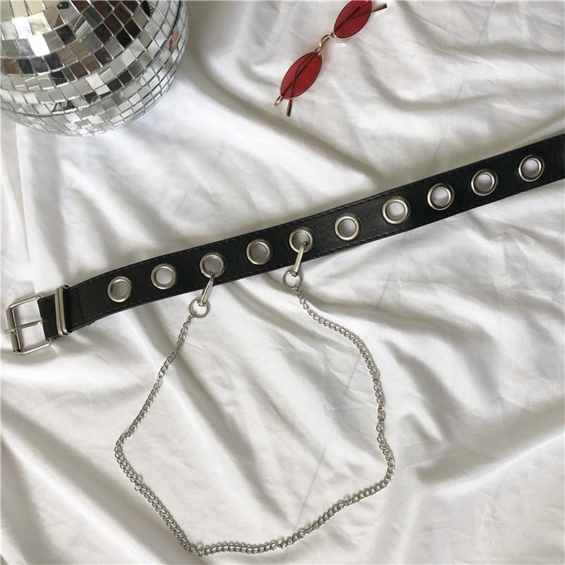 Thắt lưng da, Dây nịt nam nữ trẻ trung lỗ to màu đen trang trí dây chain