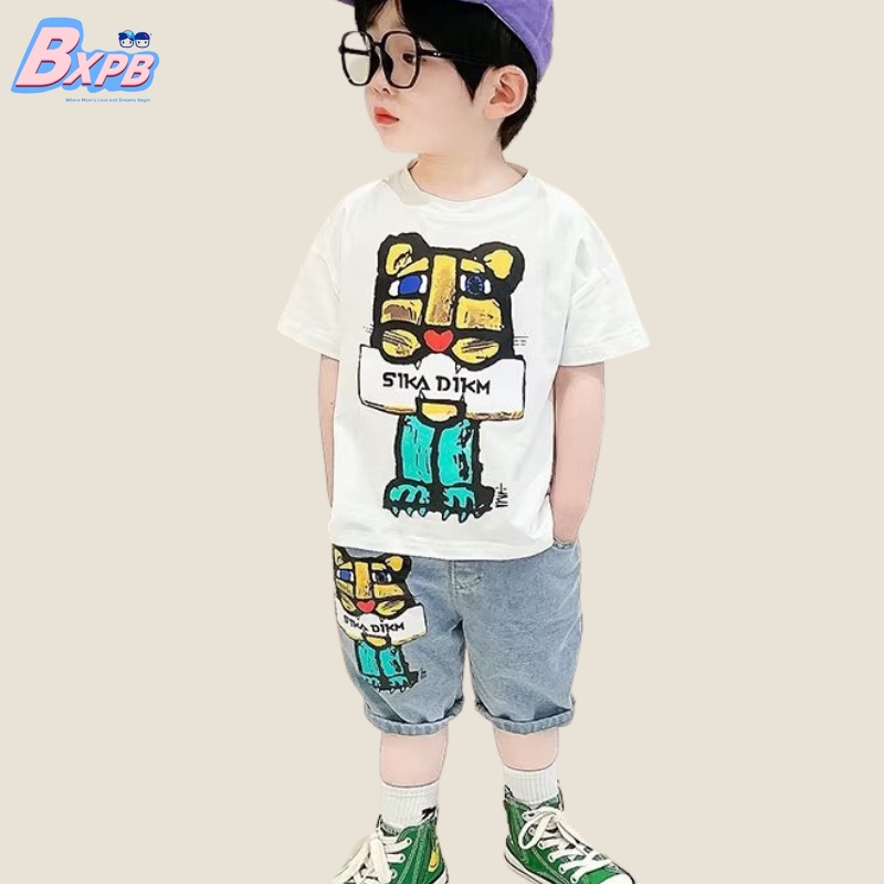 Bộ Áo Thun + Quần Short Denim In Họa Tiết Hoạt Hình Thời Trang Mùa Hè 2022 Cho Bé Trai 3-15 Tuổi
