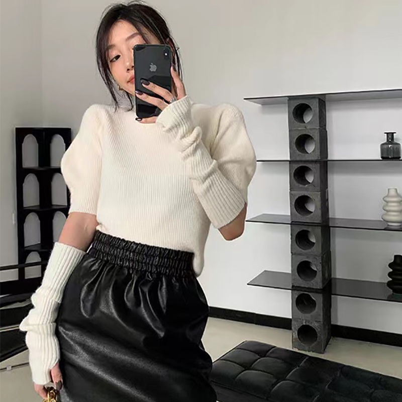 Áo sweater cổ tròn tay dài phồng kết hợp hai lớp thời trang thu đông dành cho nữ