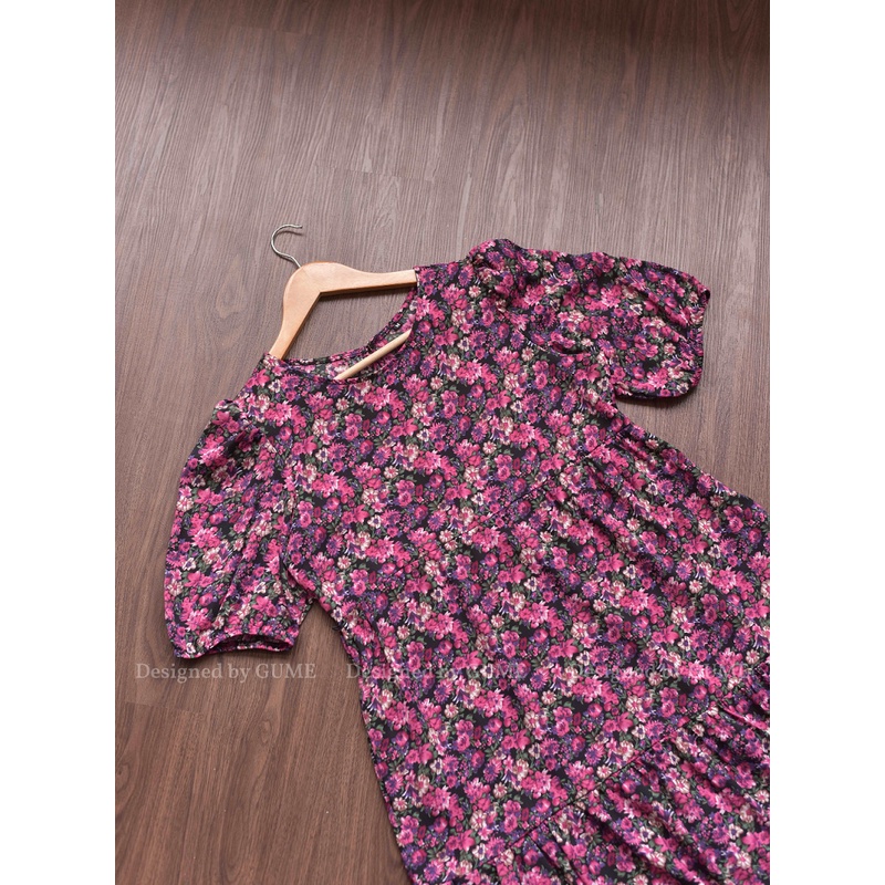 Đầm Bầu Công Sở - Váy Bầu GUME 2 màu hồng ,tím Hoa Nhí Tay Bo 3 Tầng chất vải lụa hàn size 40-100kg GM016- ảnh thật