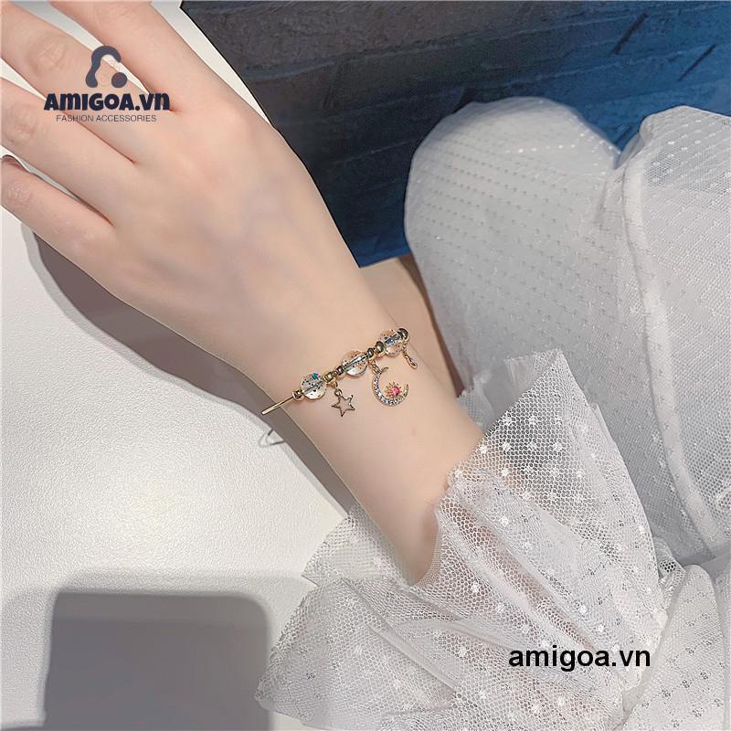 Vòng Đeo Tay Đính Hạt Họa Tiết Mặt Trăng / Ngôi Sao Phong Cách Hàn Quốc