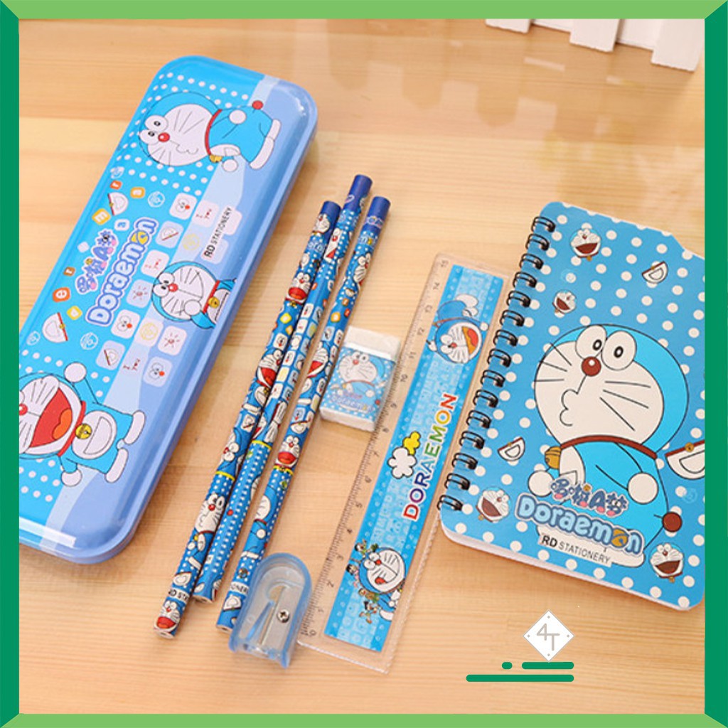 Bộ dụng cụ học tập 8 món hình mèo máy Doraemon bút chì, thước, tẩy, gọt bút chì, sổ viết