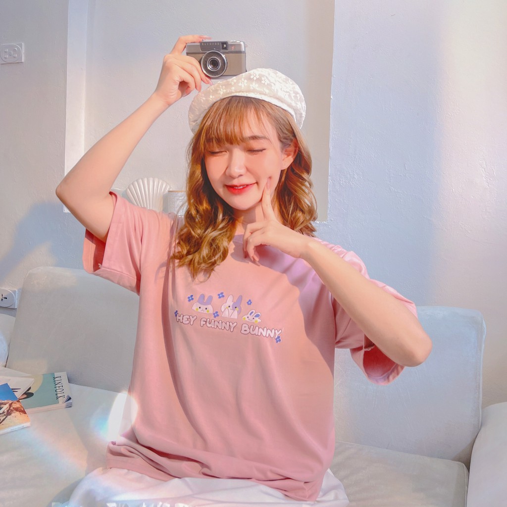 Áo thun tay lỡ HEY FUNNY BUNNY form rộng nhiều màu basic - Made by Fiin