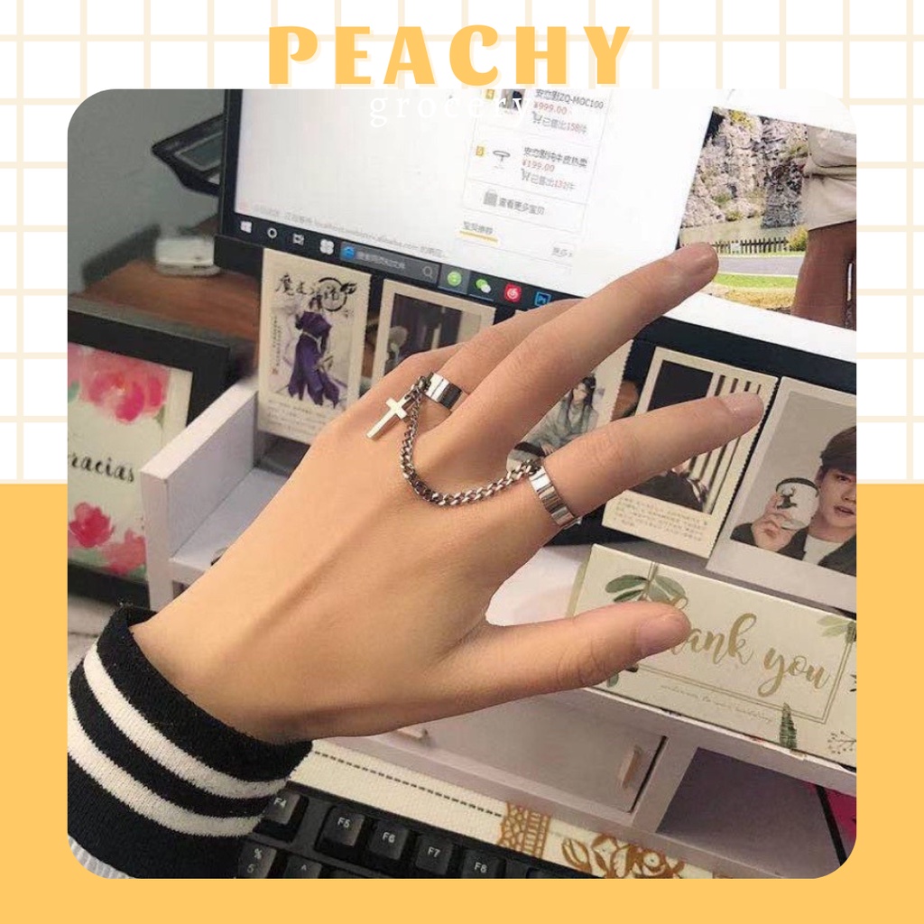 Combo hai chiếc nhẫn hình thánh giá Peachy tặng kèm dây xích phong cách cool ngầu độc đáo hot trend 2023