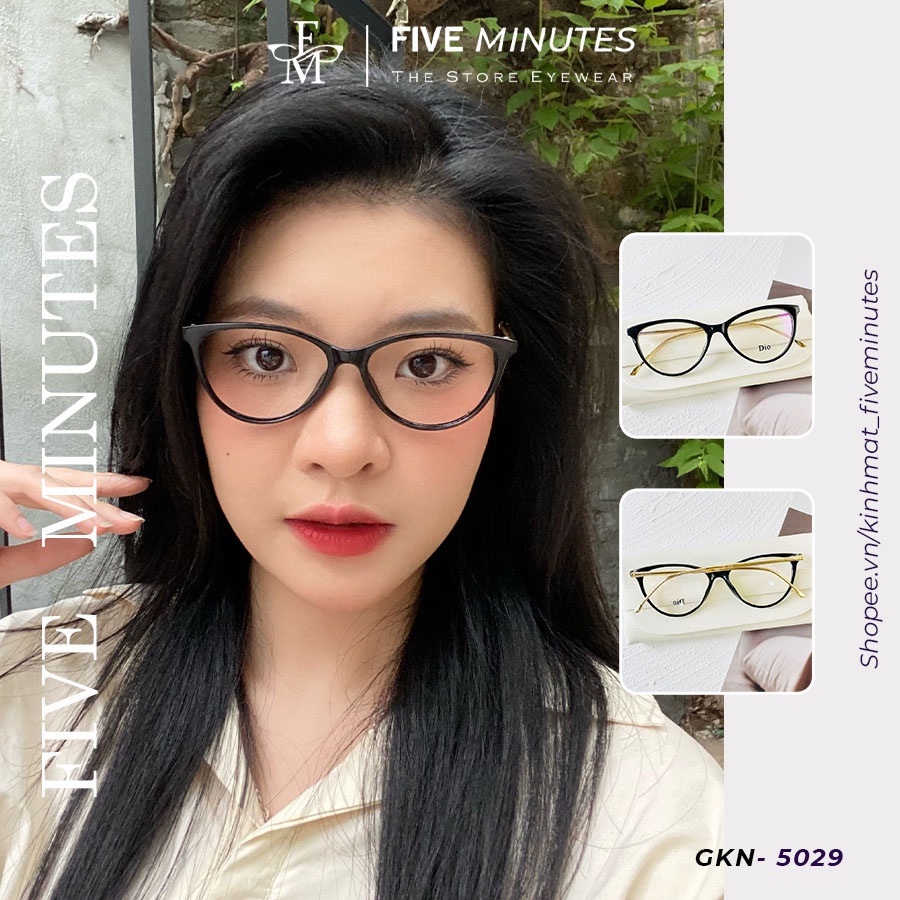 Gọng kính cận nữ, kính mắt mèo chất liêu nhựa Fiveminutes càng kim loại tăm 5029 dễ đeo