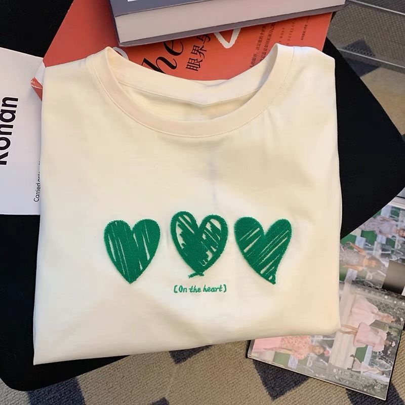 Áo Thun Cotton Ngắn Tay Thêu Họa Tiết Trái Tim Xinh Xắn Dành Cho Nữ